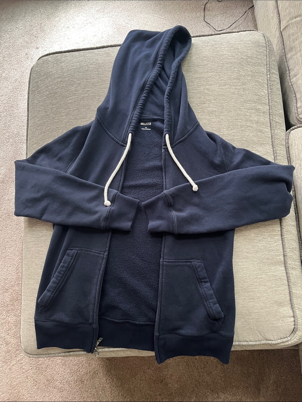 Hollister Navy Hooded Zip-Up Sweatshirt with White Drawstrings